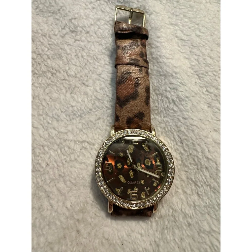 Adrienne Leopard Print Quartz Watch‎ With Rhinestone Bezel & Leather Band